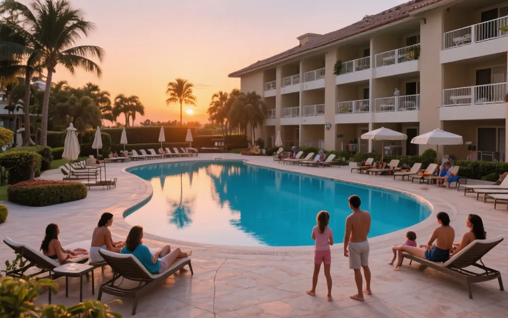 度假型酒店的泳池与公共活动空间，适合家庭与朋友混合团体